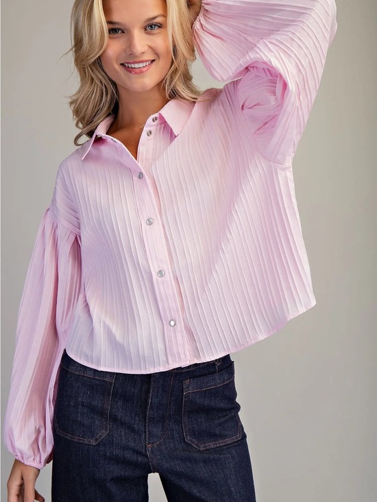 eesome Tops - K9500 Bubble Sleeve Button Down Blouse-PInk